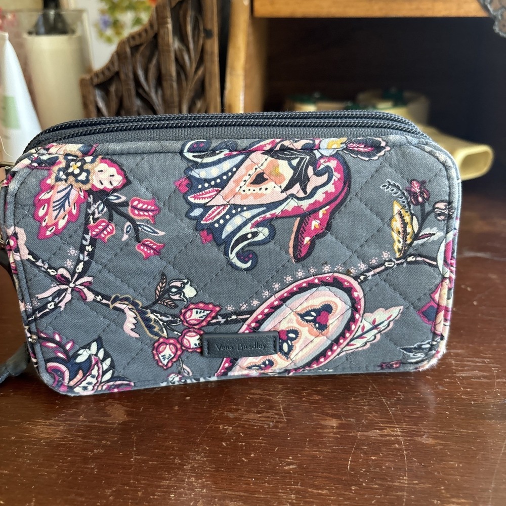 Vera Bradley Gray Floral Wristlet Zip Wallet w/ Wrist Strap Phone Pouch